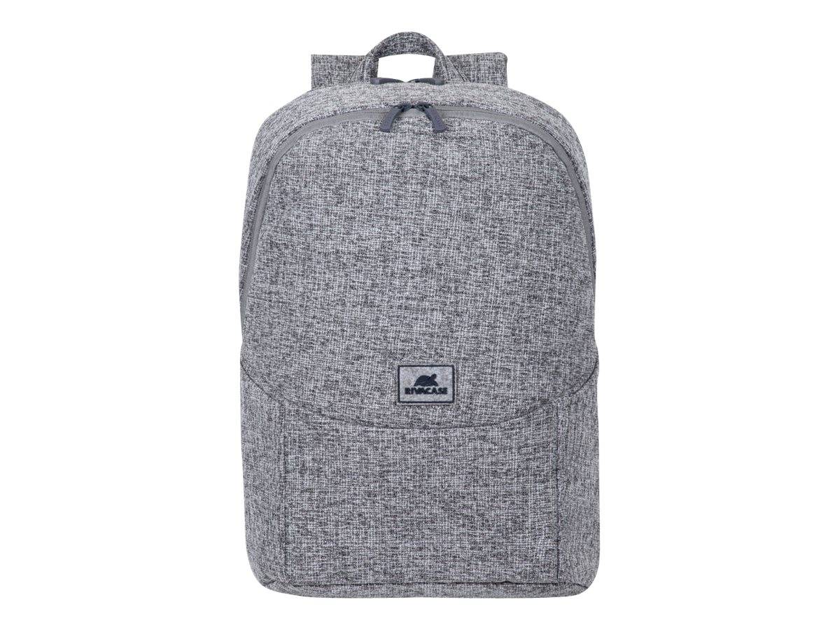 Grauer melierter Rucksack mit Vorderkompaktfach und oberem Tragegriff, zentral auf weißem Hintergrund dargestellt.
