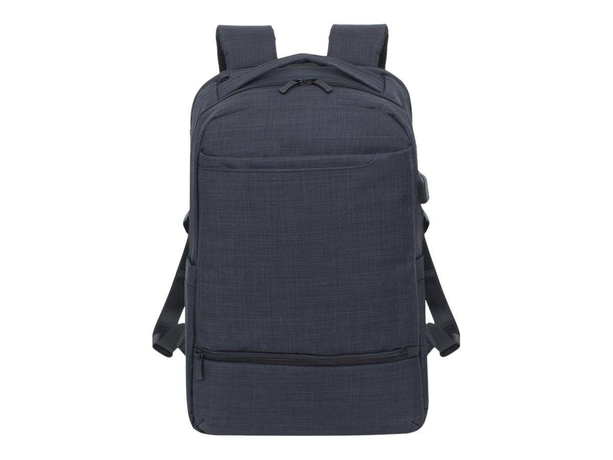 Dunkelgrauer Rucksack mit Frontreißverschlusstasche und gepolsterten Schultergurten, mittig auf einfachem weißem Hintergrund abgebildet.