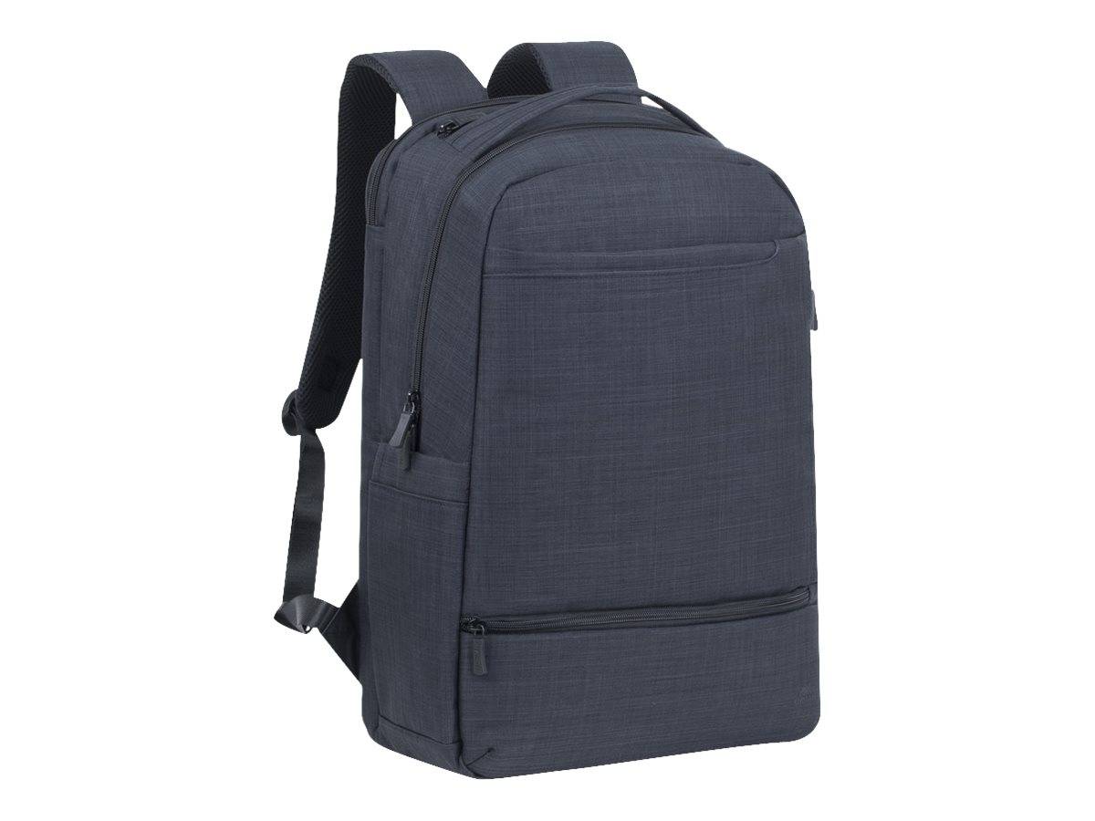 Dunkelgrauer Rucksack mit gepolsterten Schultergurten und mehreren verschließbaren Reißverschlussfächern, auf weißem Hintergrund abgebildet.