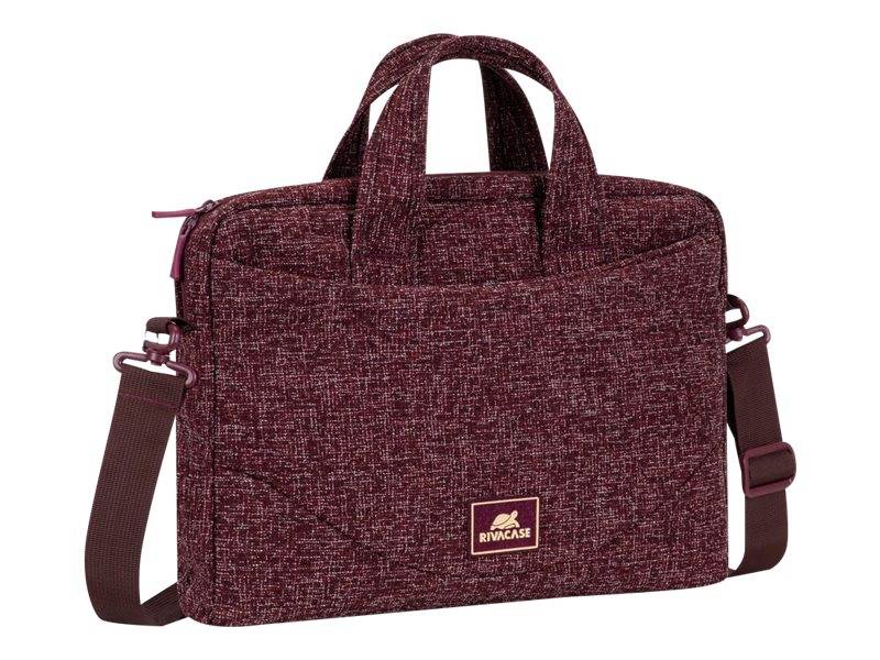 Bordeauxrote Laptop-Tasche aus Stoff mit Griffen oben, Schultergurt und aufgenähtem Logo-Patch vorne auf weißem Hintergrund.