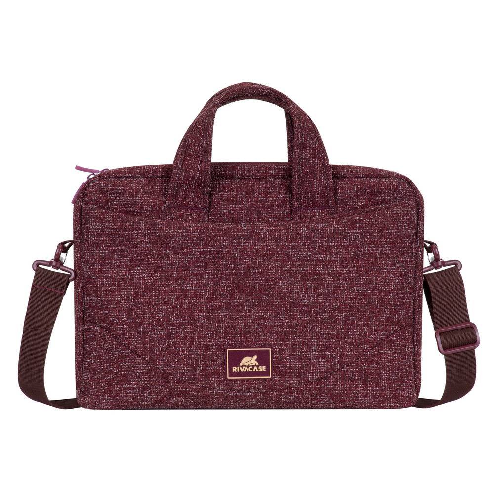 Bordeauxrote RIVACASE Laptop-Umhängetasche mit oberen Griffen, verstellbarem Riemen und frontalem Logo auf weißem Hintergrund.