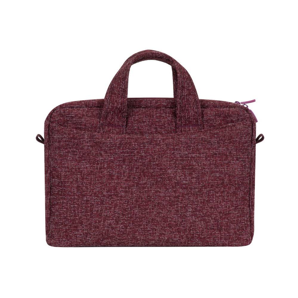 Weinrotfarbene Laptop-Tasche aus Stoff mit oberen Griffen, Vorderansicht auf weißem Hintergrund.