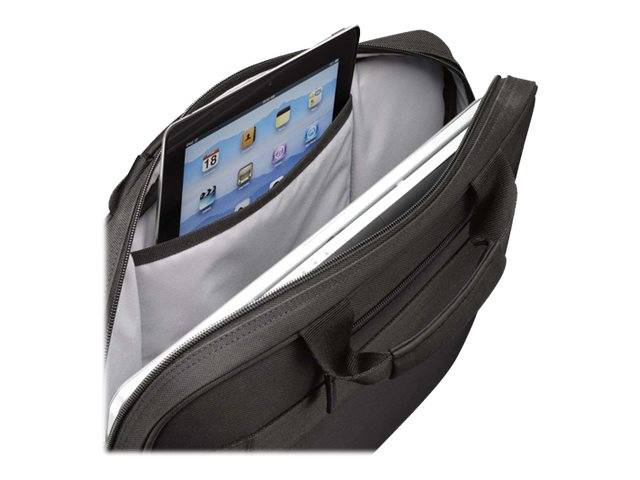 Offener schwarzer Transportkoffer mit einem Tablet und einem silbernen Laptop in separaten gepolsterten Fächern.
