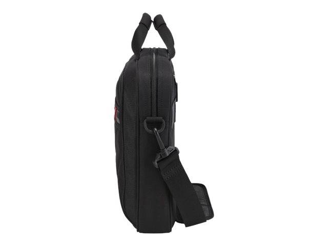 Schwarze Schultertasche mit Reißverschluss, in Seitenansicht dargestellt, mit gepolstertem Griff und verstellbarem Umhängeriemen.
