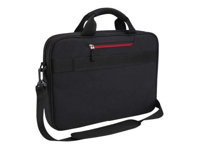 Schwarze Laptop-Umhängetasche mit Griffen oben, Reißverschlusstasche vorne und verstellbarem Riemen auf weißem Hintergrund.