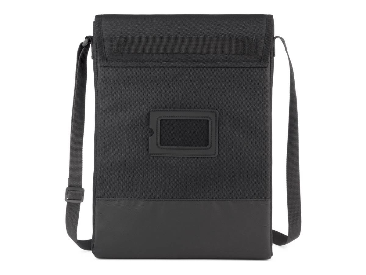 Schwarze rechteckige Schultertasche mit frontalem transparentem Sichtfenster und verstellbaren Riemen, vor weißem Hintergrund dargestellt.