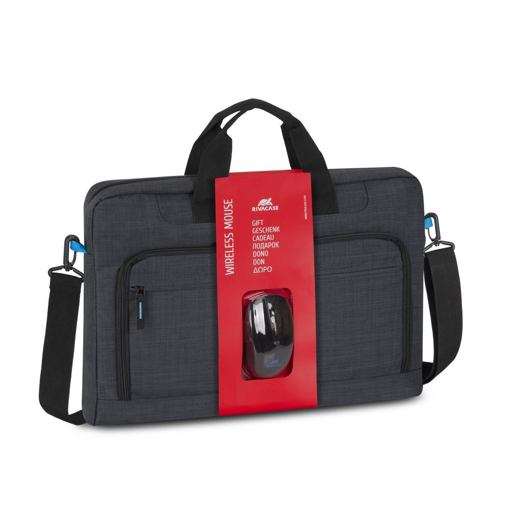 Dunkelgraue Laptoptasche mit Schultergurt und Griffen, gezeigt mit einer rot verpackten kabellosen Maus, die an der Vorderseite befestigt ist.