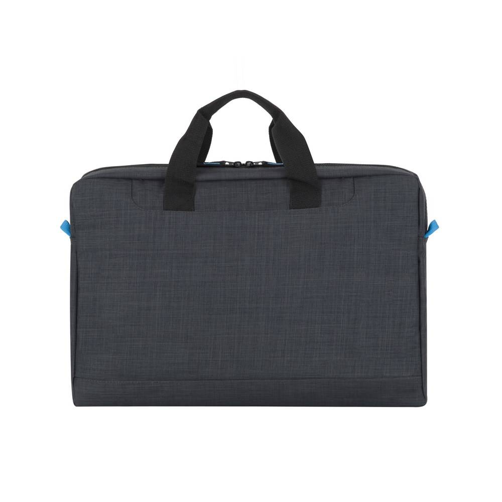 Dunkelgraue Laptop-Aktentasche mit Reißverschluss, schwarzen Griffen und kleinen blauen Seitenlaschen, gezeigt auf weißem Hintergrund.