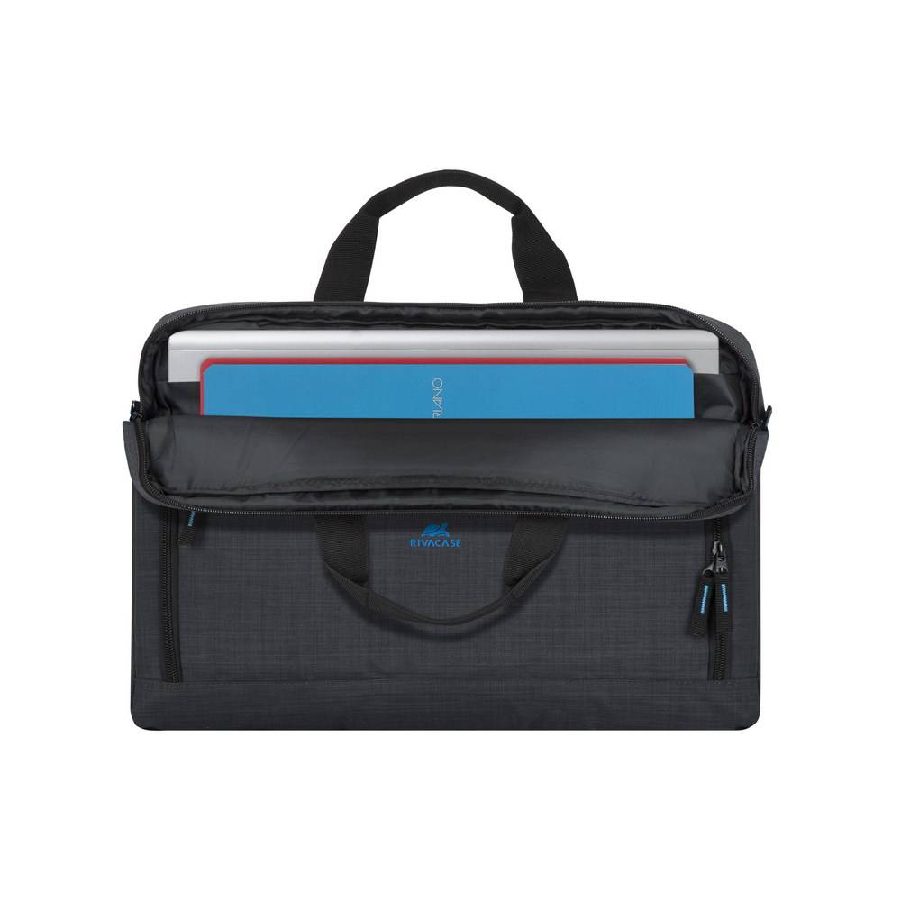 Schwarze Laptop-Aktentasche mit Griff und Vordertasche, dargestellt mit einem Laptop und Tablet im Inneren.