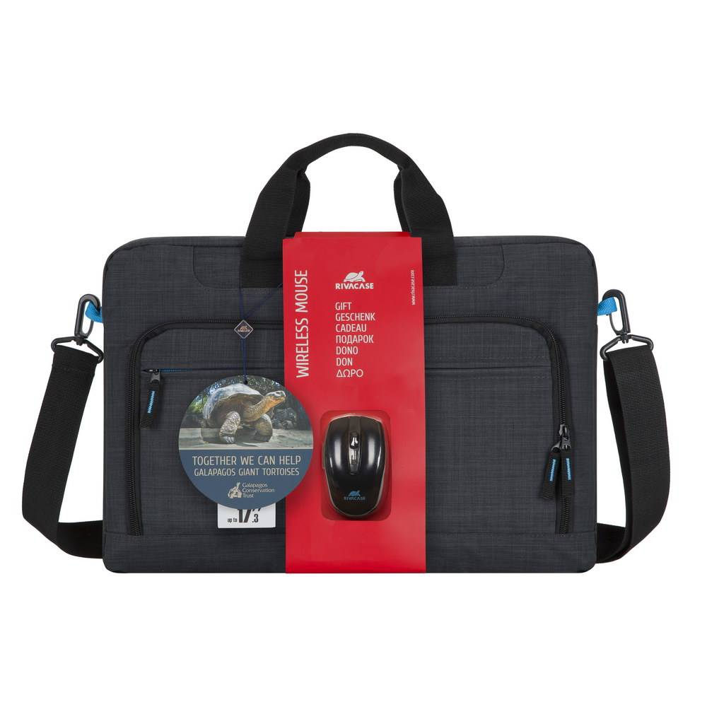 Schwarze Laptoptasche mit Schultergurt, gezeigt mit einer roten Verpackung einer 