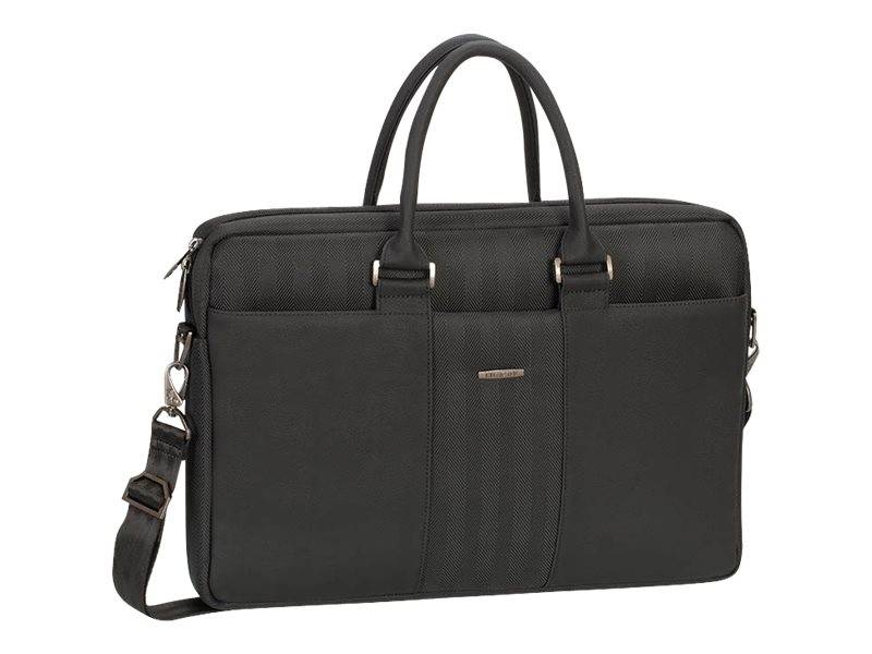 Schwarze Laptop-Aktentasche mit Griffen und Schultergurt, auf weißem Hintergrund dargestellt.