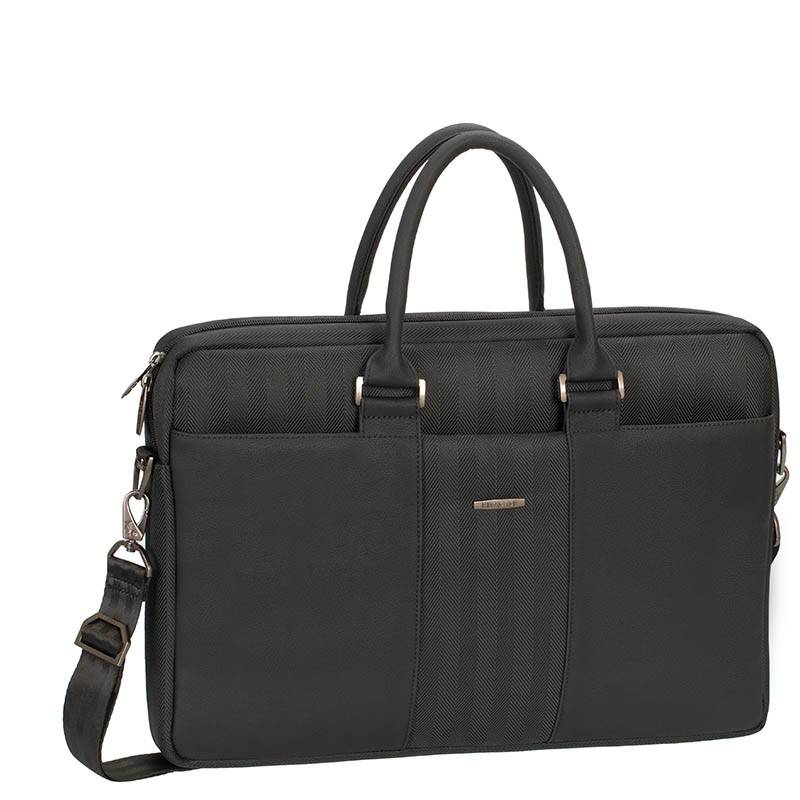 Schwarze Laptop-Aktentasche mit zwei oberen Griffen, vorderen Taschen und abnehmbarem Schultergurt auf weißem Hintergrund.