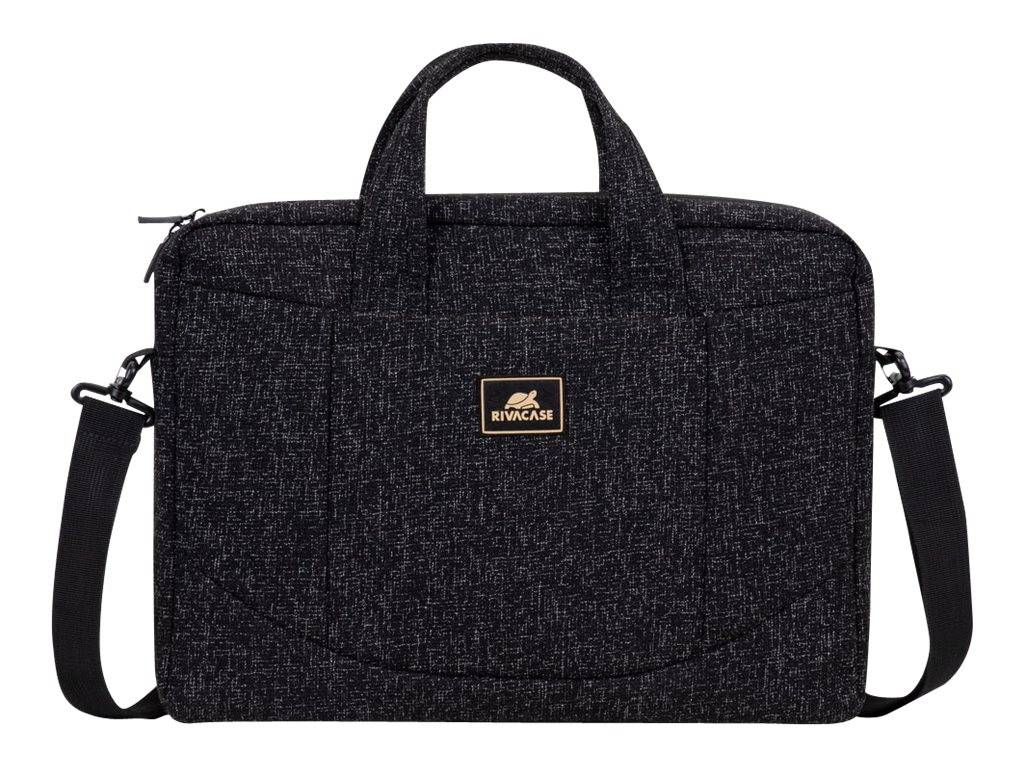 Schwarze Stoff-Laptop-Aktentasche mit Griffgriff oben und abnehmbarem Schultergurt, auf weißem Hintergrund gezeigt.