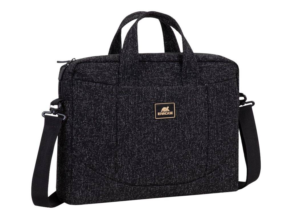 Schwarze strukturierte Laptoptasche mit doppelten Griffen und verstellbarem Schultergurt, gezeigt auf weißem Hintergrund.