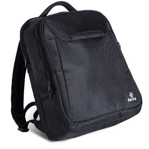 Schwarzer Terra-Rucksack mit vorderer Reißverschlusstasche, Griffgriff oben und gepolsterten Schultergurten auf weißem Hintergrund.