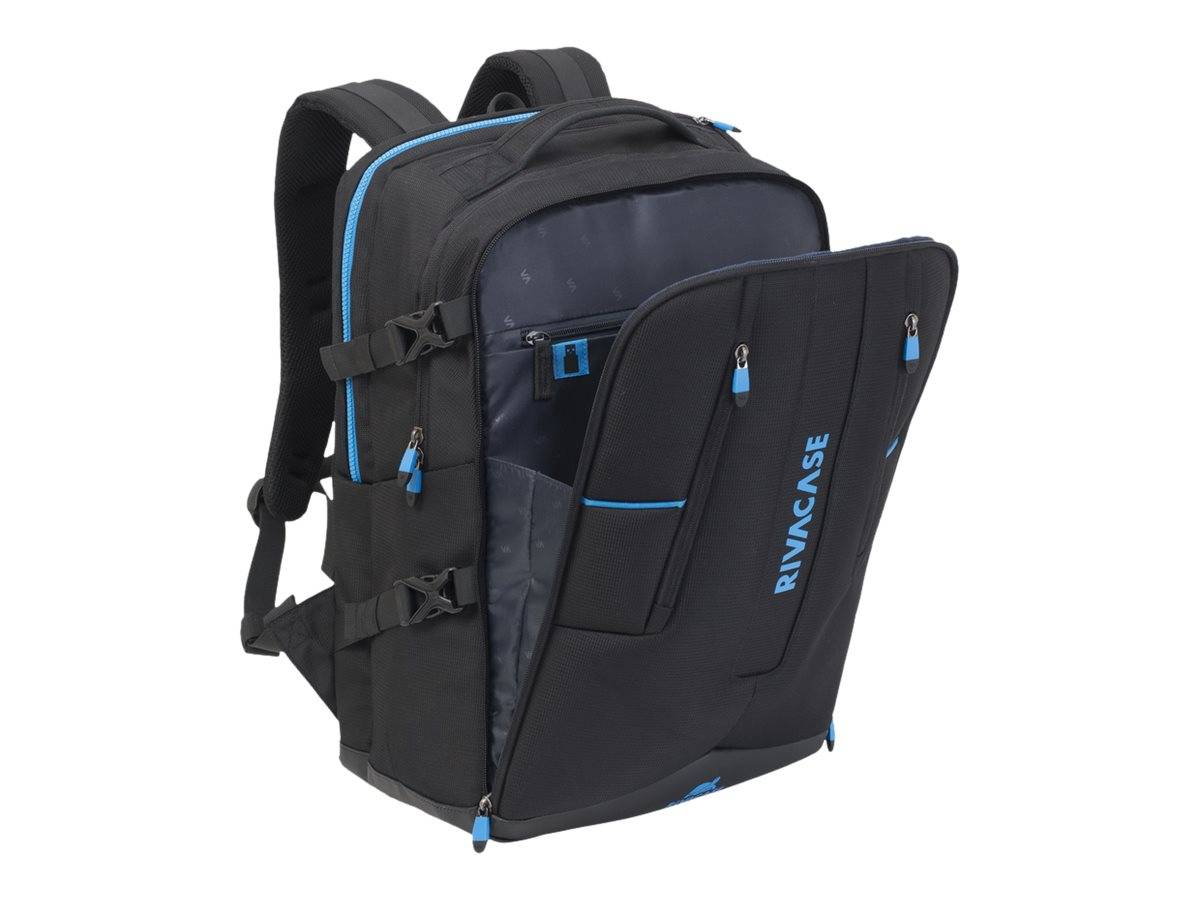 Schwarzer RIVACASE-Rucksack mit blauen Akzenten, mehreren Fächern mit Reißverschluss und gepolsterten Schultergurten, auf weißem Hintergrund abgebildet.