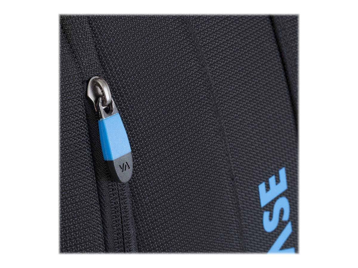 Nahaufnahme einer schwarzen strukturierten Tasche mit einem blauen Reißverschluss-Schieber und teilweise sichtbaren blauen Logobuchstaben auf der rechten Seite.