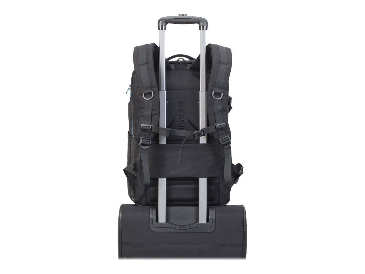 Schwarzer Rucksack mit Rädern, ausziehbarem Teleskopgriff, vorderen Riemen und unterer Tragebase, abgebildet vor weißem Hintergrund.