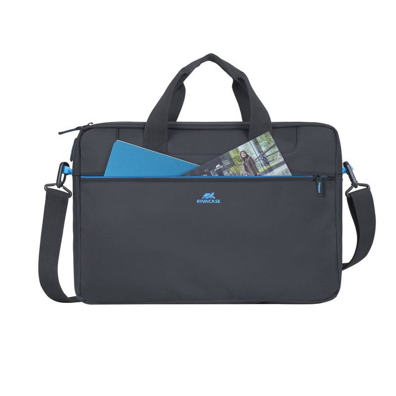 Schwarze Laptop-Aktentasche mit Griffen und Schultergurt, vordere Reißverschlusstasche mit blauem Ordner und Broschüre, RIVACASE-Logo