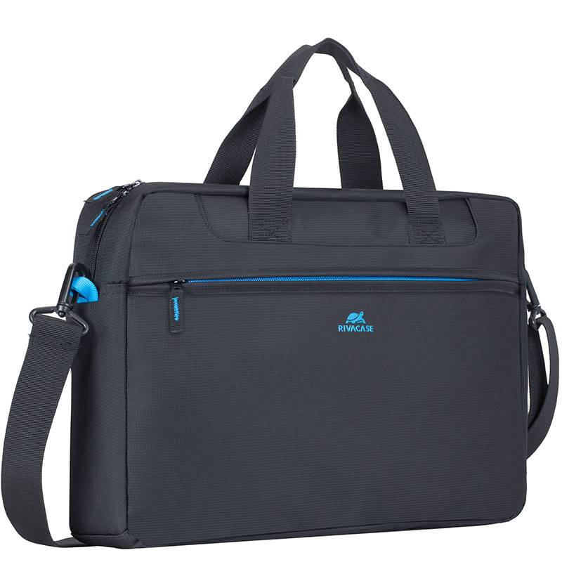 Schwarze Rivacase-Laptop-Aktentasche mit Griffen oben und Schultergurt, mit einer vorderen Reißverschlusstasche und blauen Akzenten.