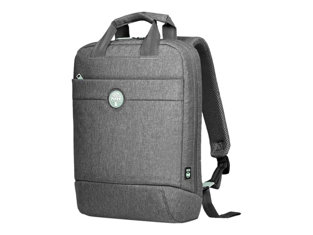 Grauer Laptop-Rucksack mit Tragegriff oben, vorderer Reißverschlusstasche und gepolsterten Schultergurten, abgebildet auf weißem Hintergrund.