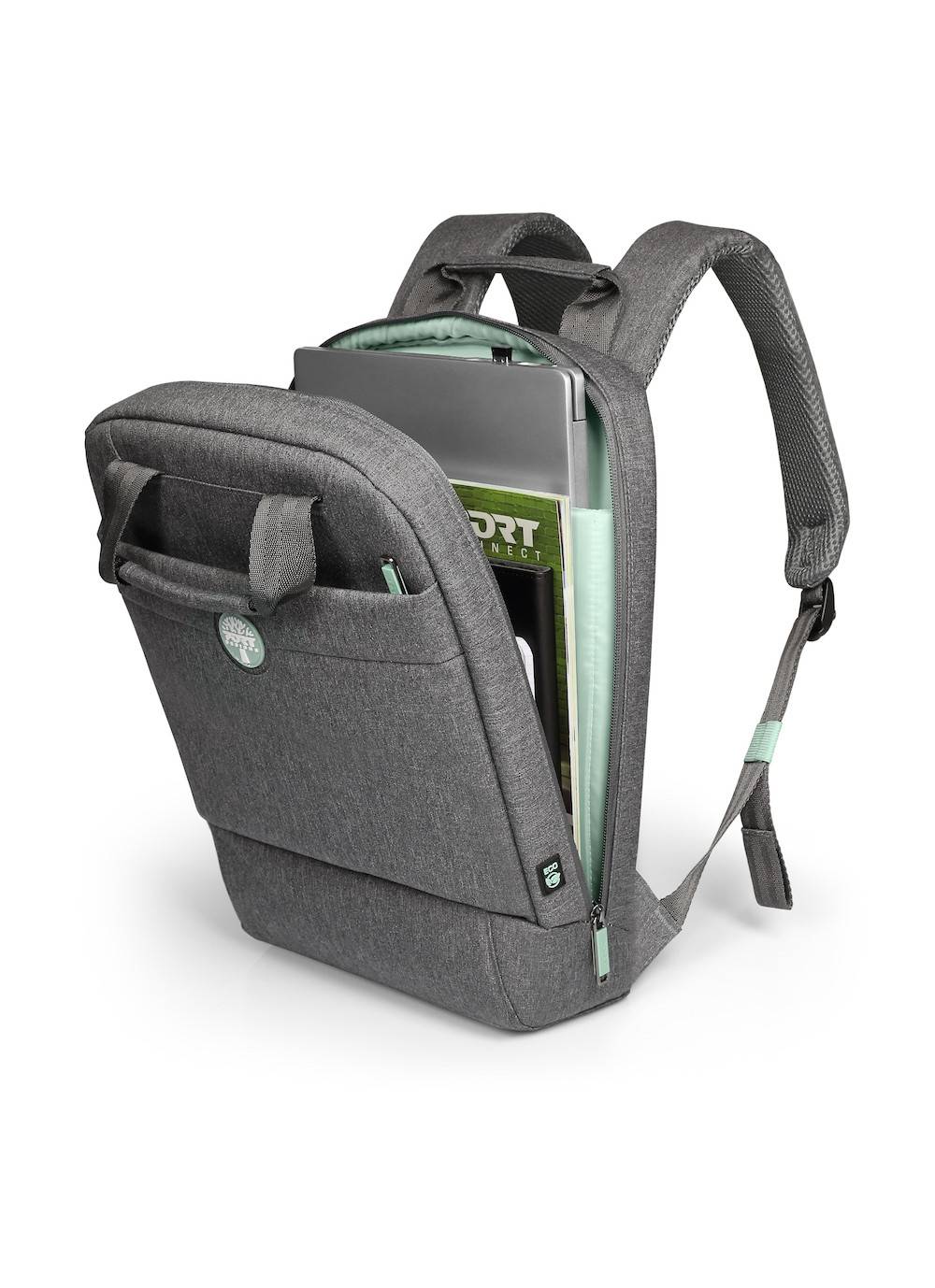 Grauer Laptop-Rucksack mit Vordertasche und gepolsterten Schultergurten, teilweise geöffnet dargestellt mit Laptop und Ordnern im Inneren.