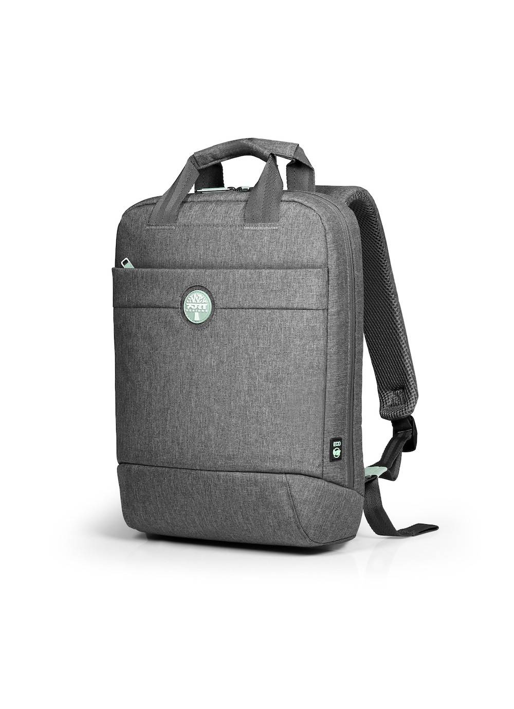 Grauer Laptop-Rucksack mit Griffgriff oben, Vordertasche und gepolsterten Schultergurten auf weißem Hintergrund.