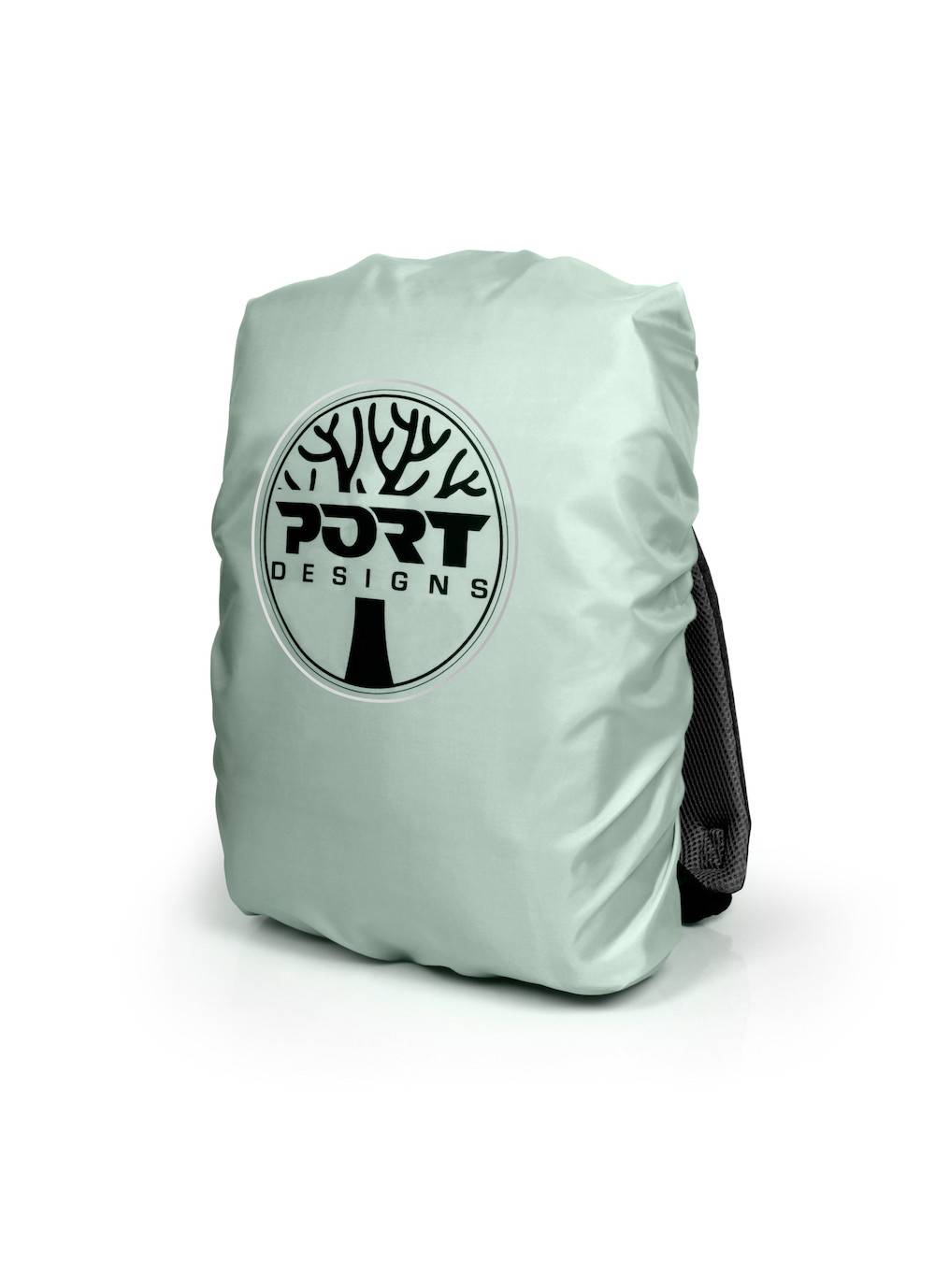 Hellgrüner faltbarer Rucksack oder Packbeutel mit schwarzer Mesh-Seitentasche, mit kreisförmigem Baumlogo und 