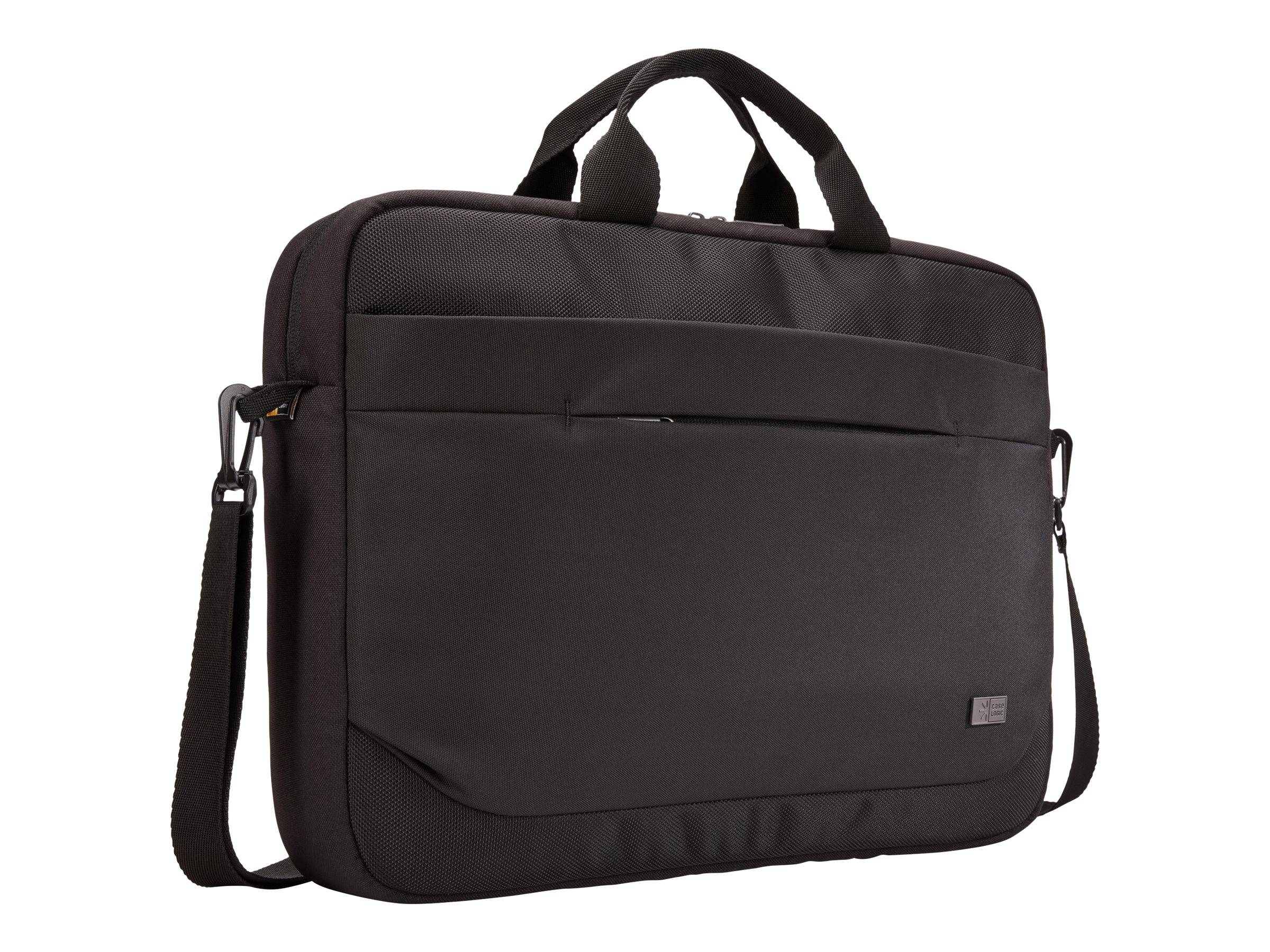 Schwarze Laptop-Kuriertasche mit Griffen, Schultergurt und vorderer Reißverschlusstasche auf weißem Hintergrund.
