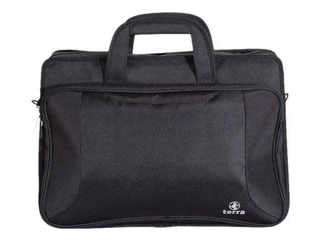 Schwarze Laptop-Aktentasche mit Tragegriff oben und vorderer Reißverschlusstasche, vor weißem Hintergrund gezeigt.