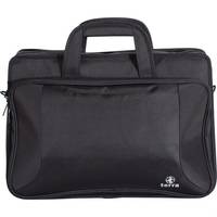 Schwarze Laptop-Aktentasche mit Reißverschluss, Griffleiste oben und kleinem Logo unten rechts.