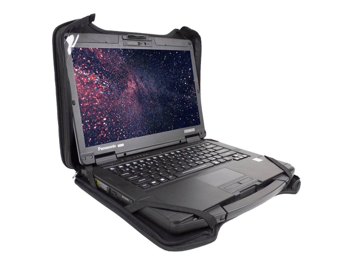 Robuster Panasonic-Laptop in einem schützenden schwarzen Etui offen, zeigt ein sternenreiches Weltraumbild auf dem Bildschirm.