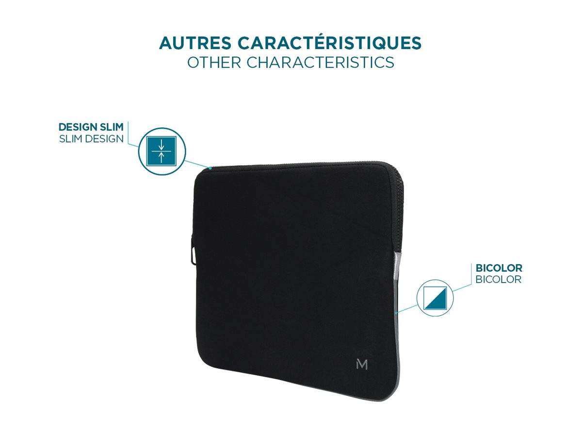 Schwarze schlanke Laptop-Schutzhülle in Profilansicht, beschriftet mit „Andere Merkmale / Other characteristics