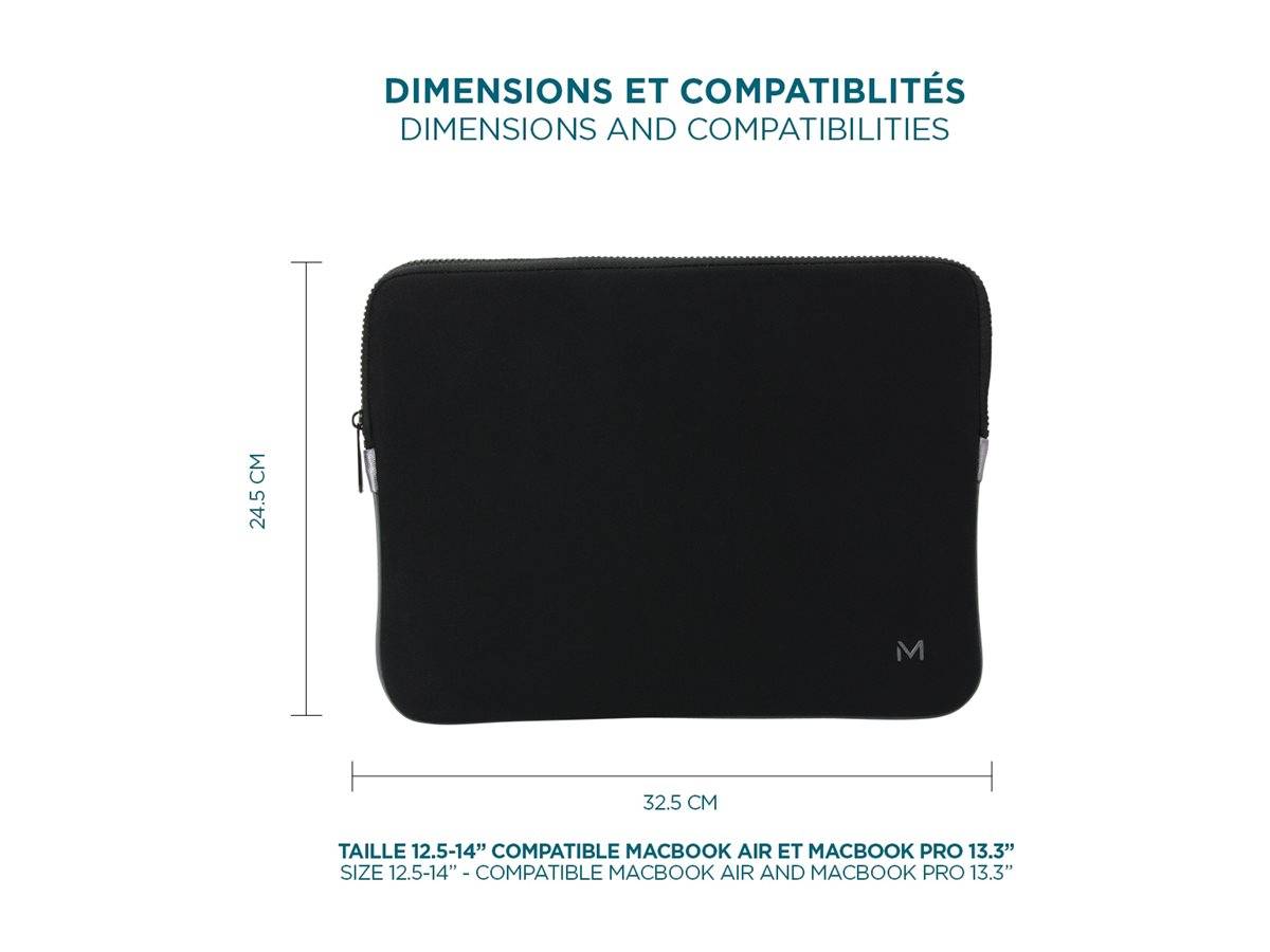 Größentabelle für eine schwarze Laptop-Schutzhülle, mit der Bezeichnung „DIMENSIONS ET COMPATIBILITÉS