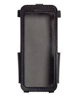 Schwarzes rechteckiges Telefonholster oder Tragetasche mit Seitenklemmen und grauem Innenraum, Vorderansicht auf weißem Hintergrund