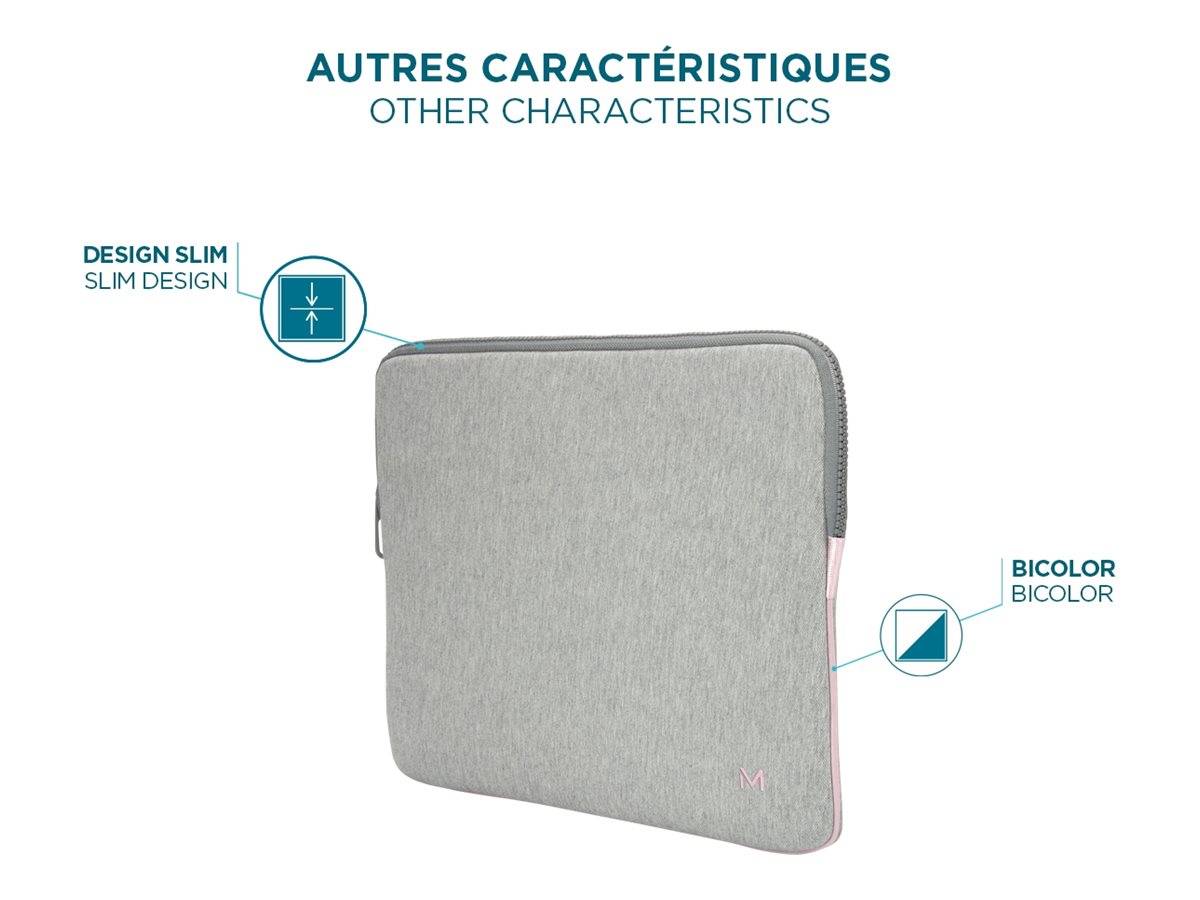 Grauer schlanker Laptop-Sleeve in einer Infografik mit der Bezeichnung „Autres caractéristiques / Other characteristics