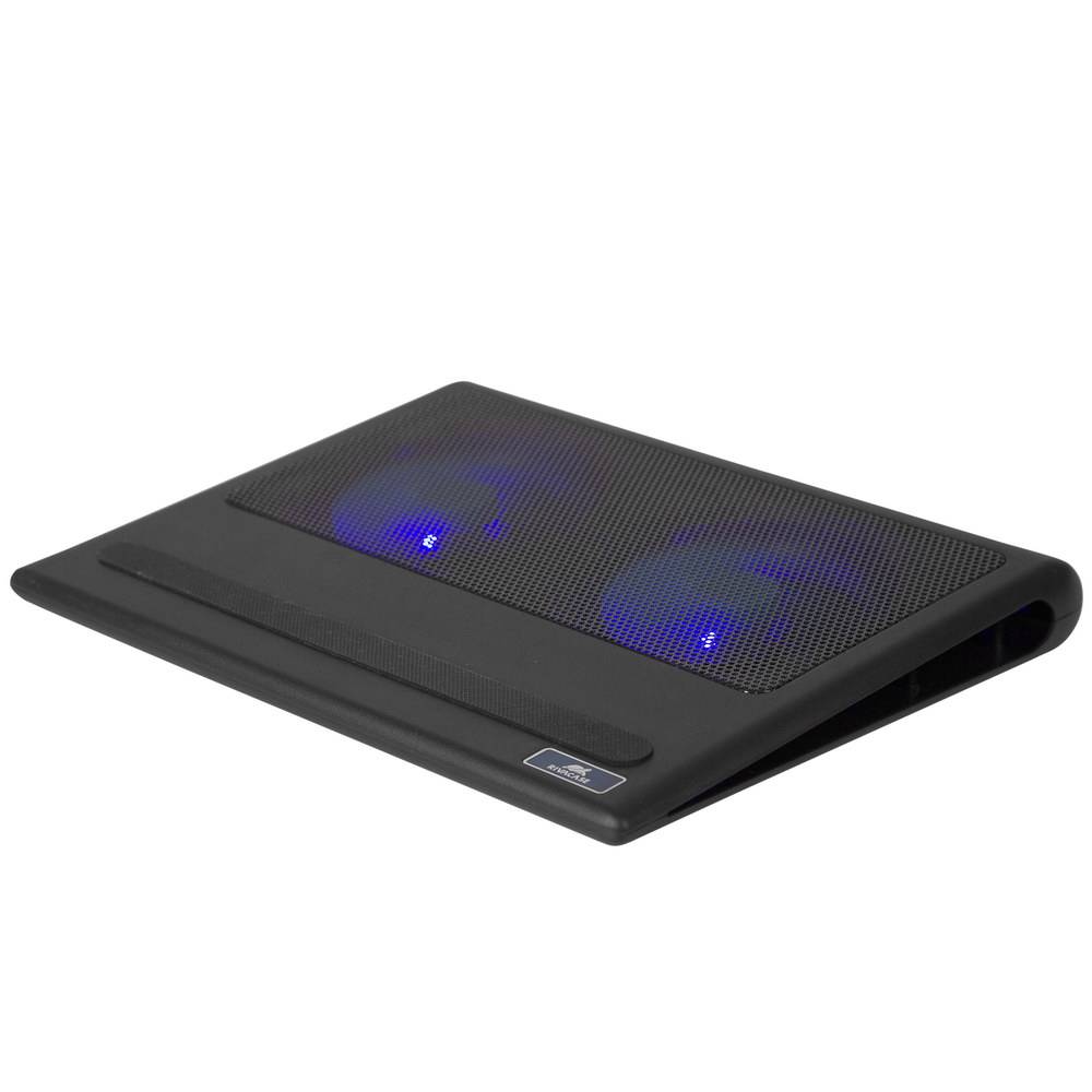 Schwarzes Laptop-Kühlpad mit Mesh-Oberfläche und zwei blau beleuchteten Lüftern, angewinkelt auf weißem Hintergrund.