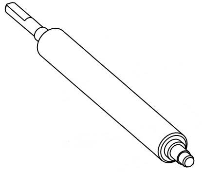Schwarz-weiß-Strichzeichnung einer zylindrischen Walze mit je einer Welle an jedem Ende, diagonal auf einem schlichten Hintergrund dargestellt.