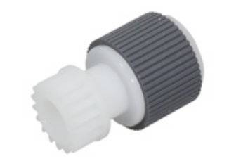 Weißer Kunststoffzahnrad-Adapter mit dunkelgrauer gerillter zylindrischer Kappe vor neutralem Hintergrund.