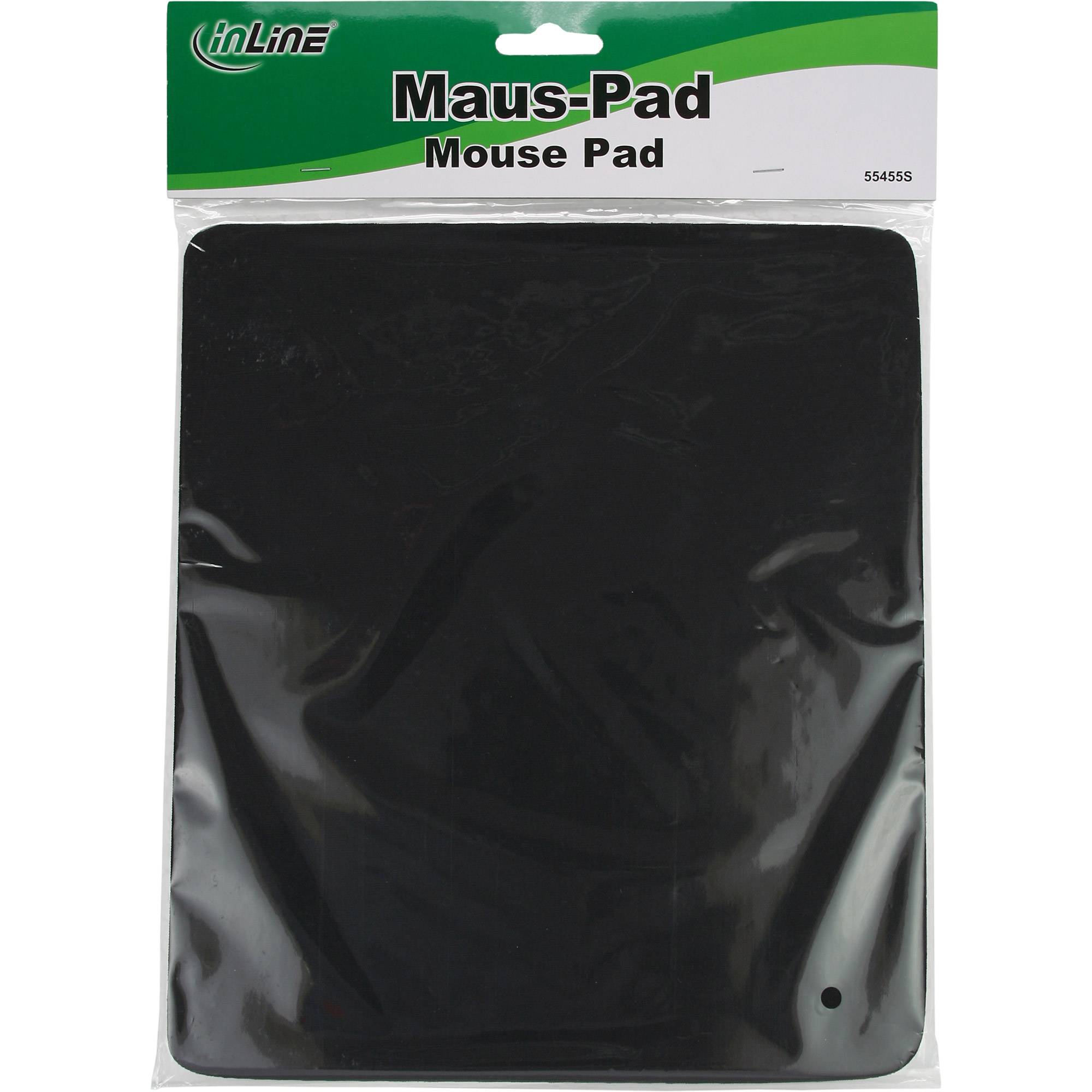 Schwarzes Mousepad in Einzelhandelsverpackung mit der Bezeichnung "Maus-Pad Mouse Pad"" von inLine.