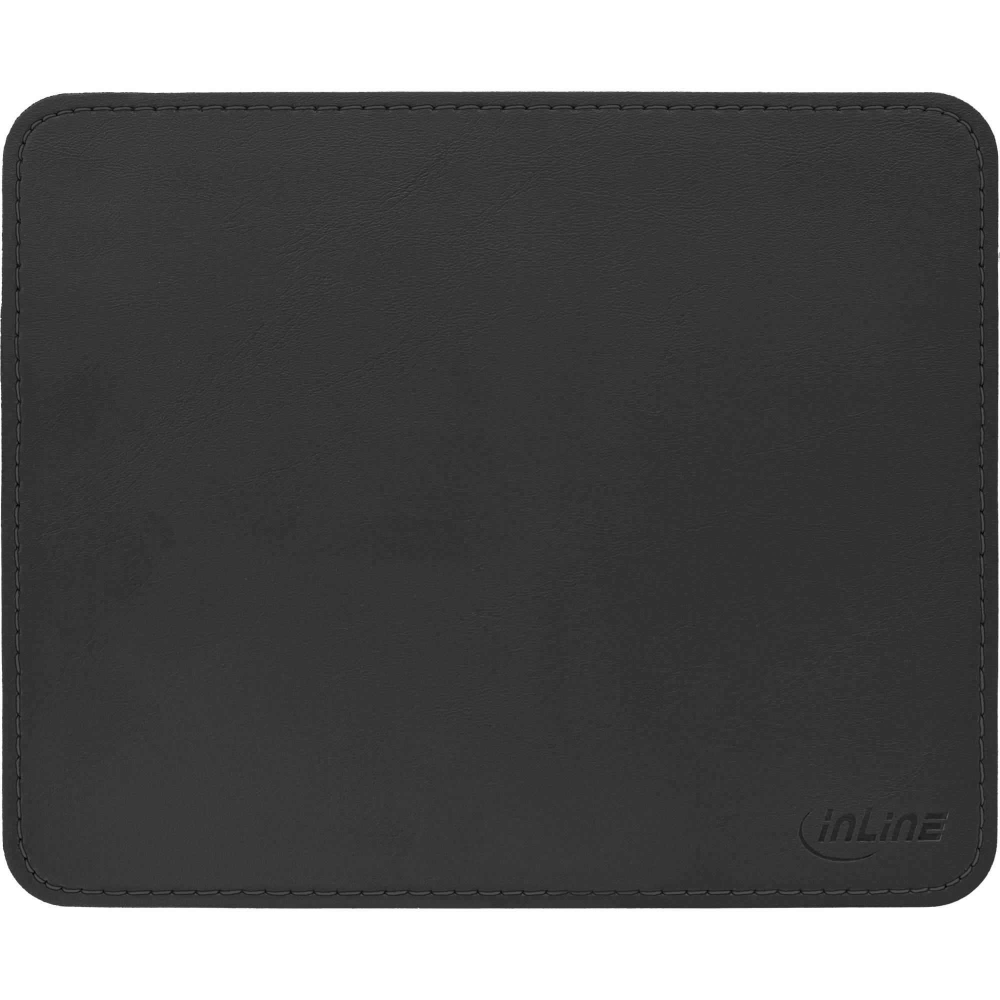 Schwarzes rechteckiges Mousepad mit gesäumten Kanten und einem inLine-Logo in der unteren rechten Ecke.