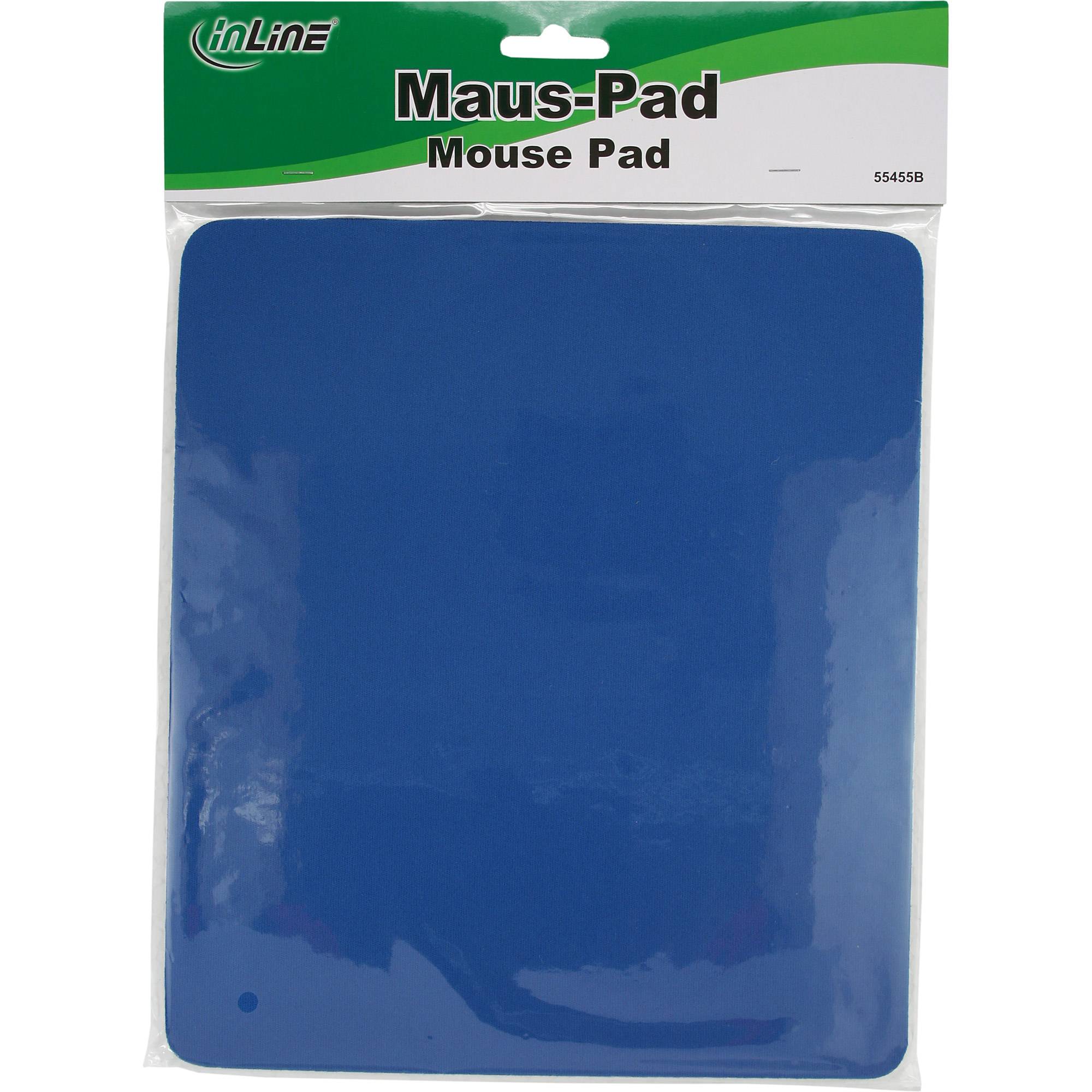 Blaues rechteckiges Mauspad in durchsichtiger Verpackung mit Beschriftung 'Maus-Pad' und 'Mouse Pad' von inLine.