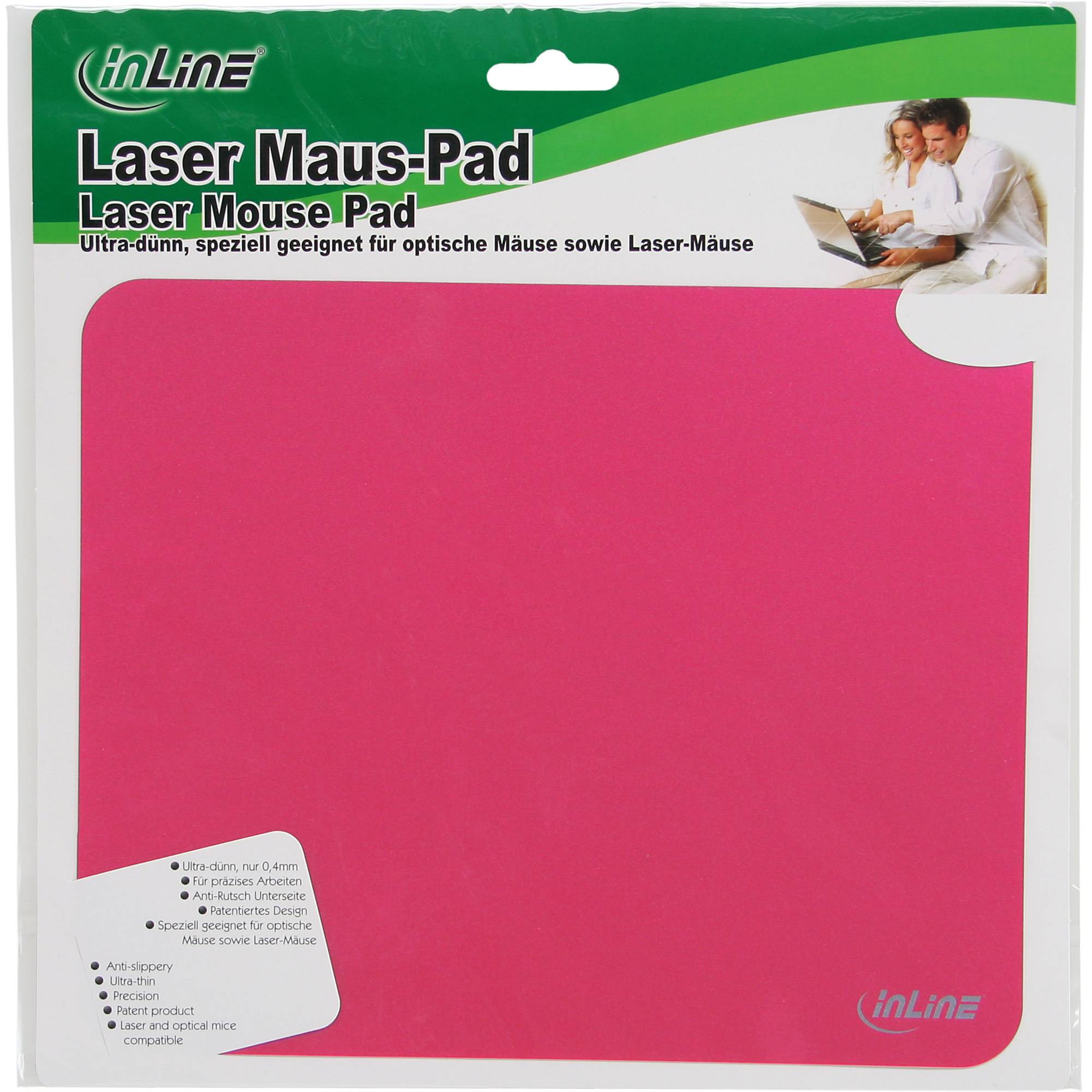 Rosa InLine Laser-Mauspad in Einzelhandelsverpackung, gekennzeichnet als "Laser Maus-Pad"" und ""Laser Mouse Pad"", für optische und Laser-Mäuse.