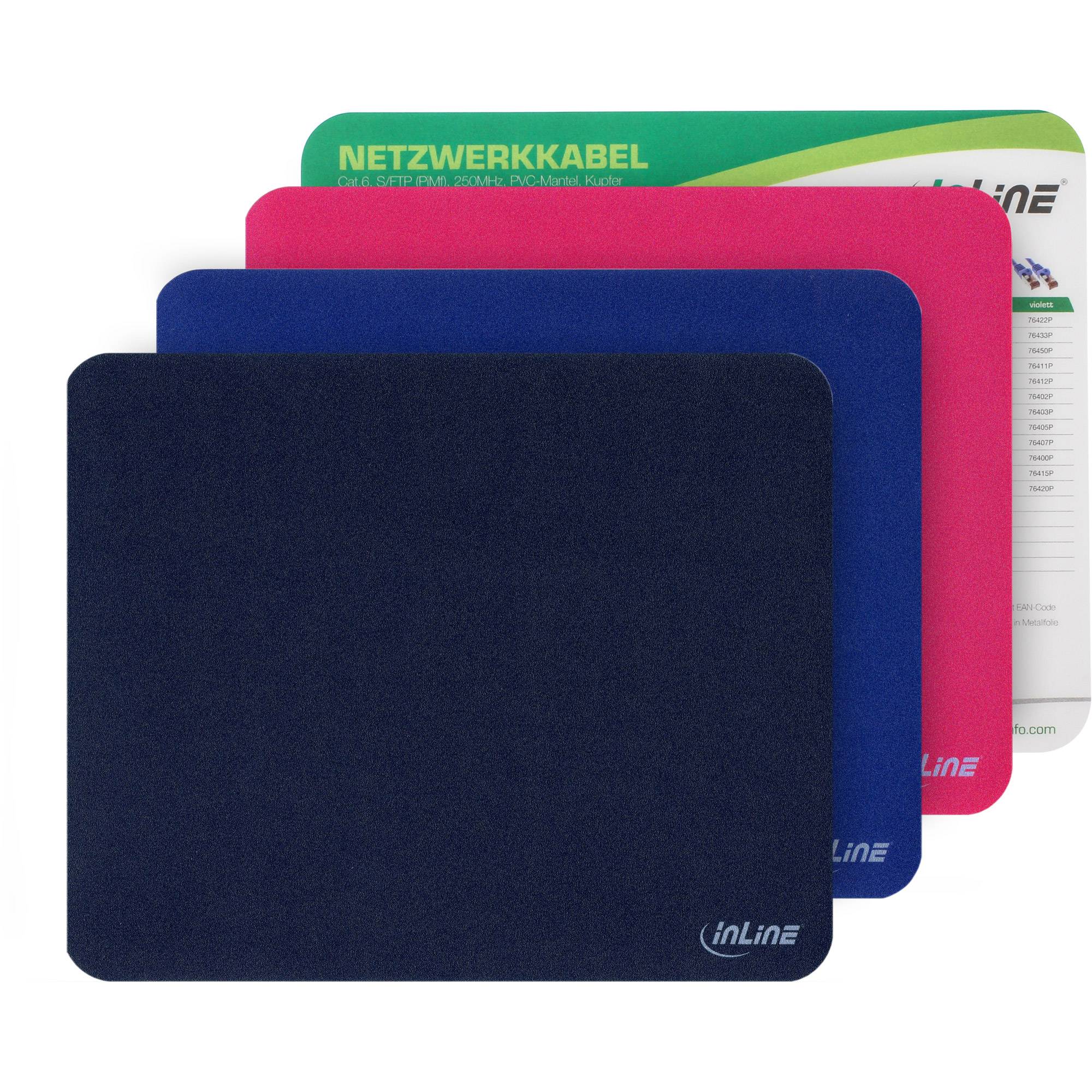 Gestapelte inLine Mousepad in Schwarz, Blau, Rosa und Grün mit sichtbarer Verpackung dahinter.