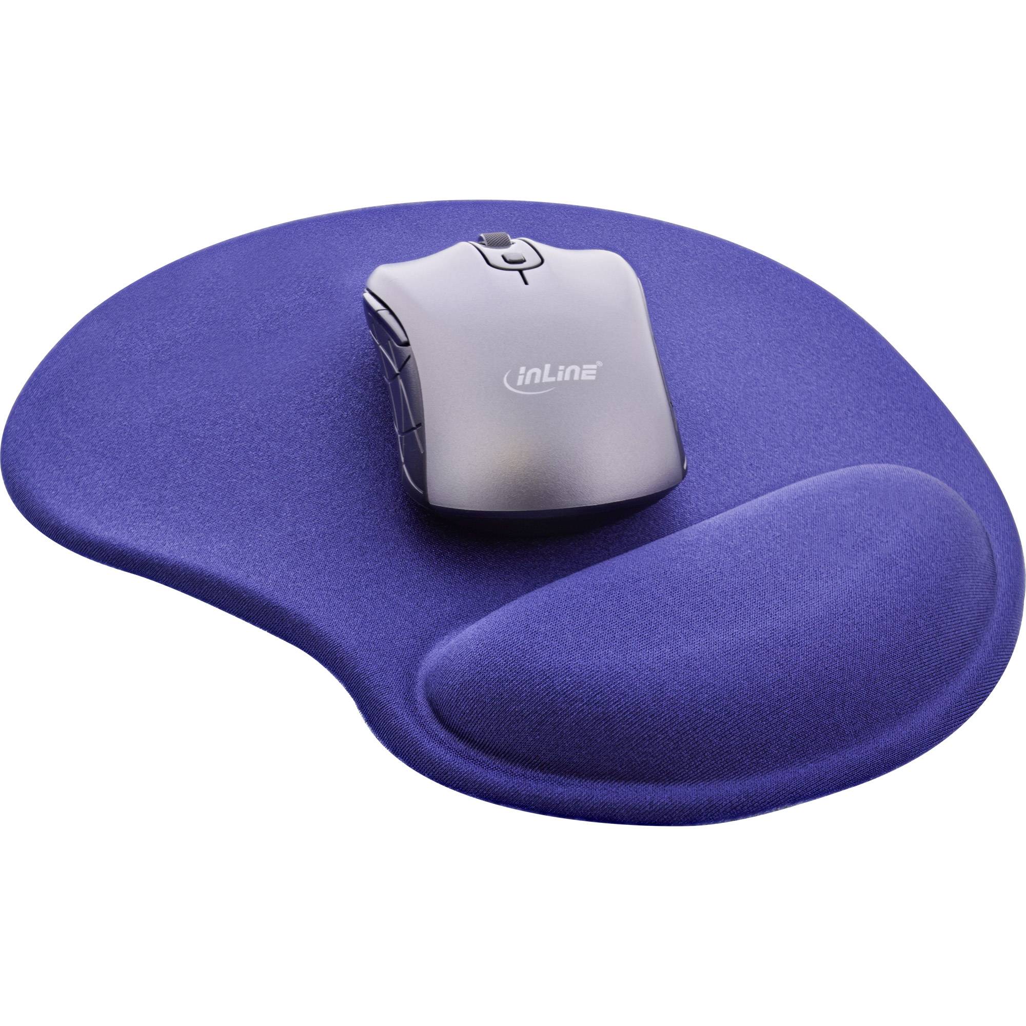 Violettes ergonomisches Mousepad mit integrierter Handgelenkauflage und einer kabellosen Maus oben drauf