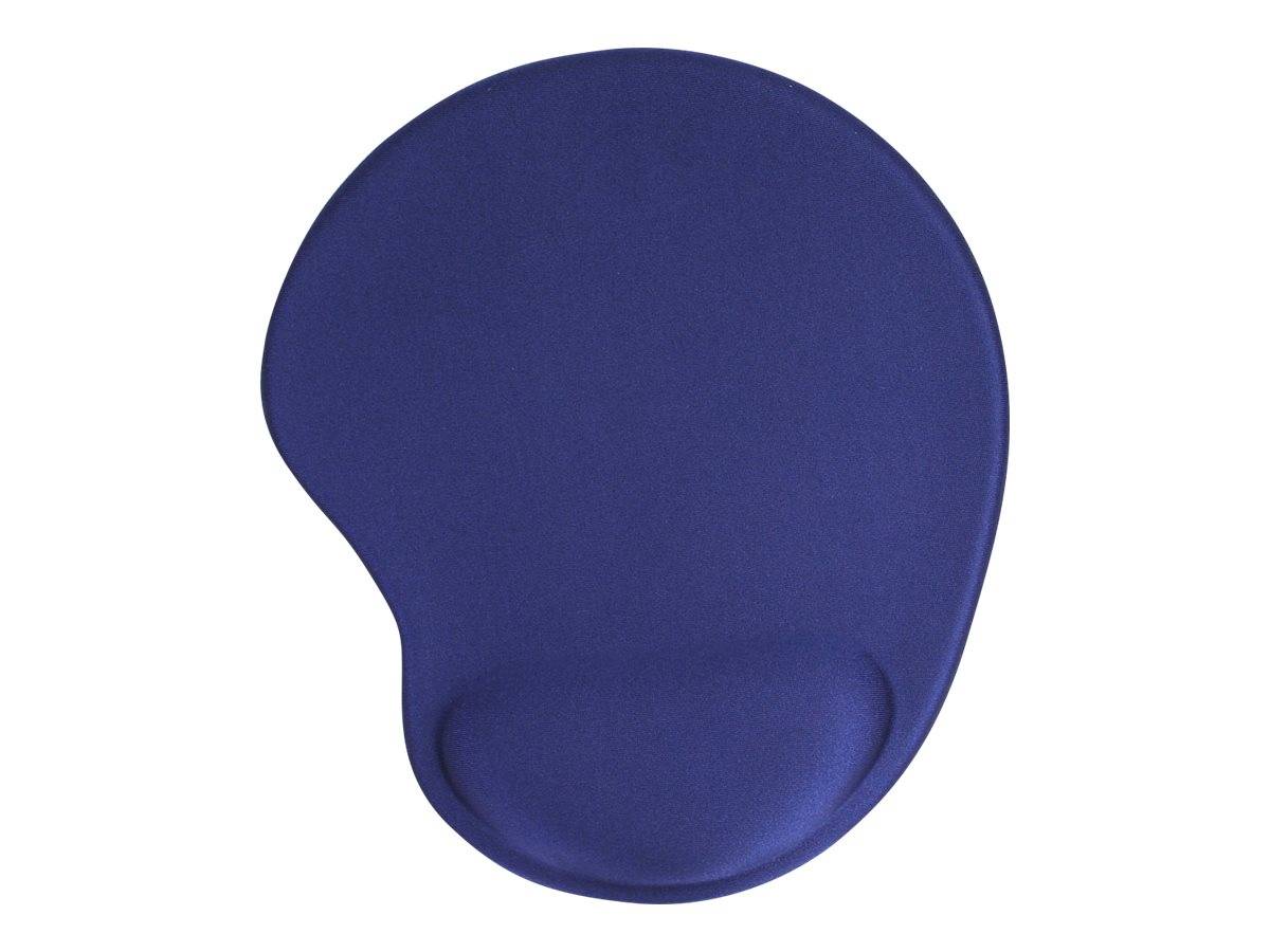 Blaue ergonomische Mousepad mit integrierter Handgelenkstütze auf weißem Hintergrund.