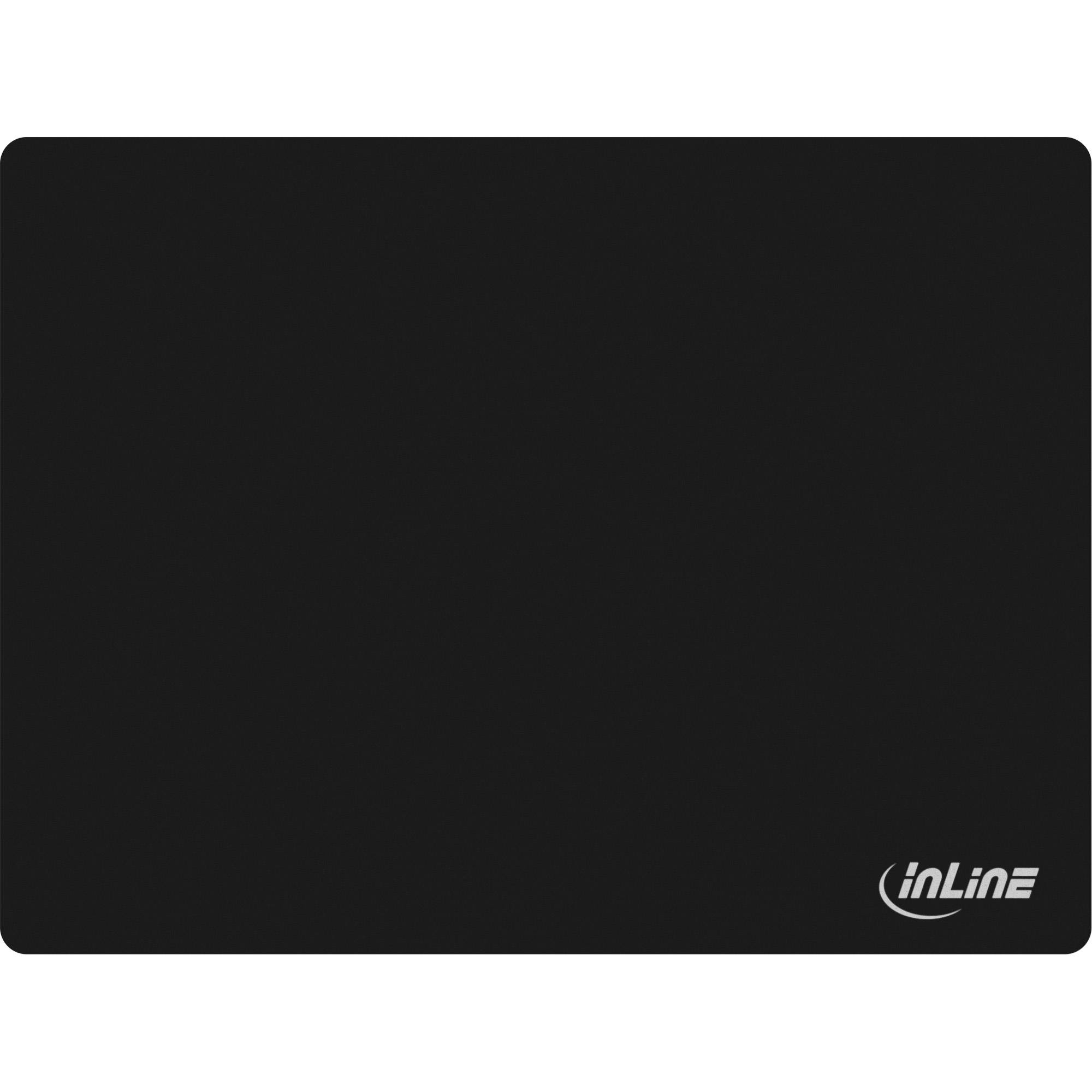 Schwarzes rechteckiges Mousepad mit abgerundeten Ecken und einem 'inLine' Logo in der unteren rechten Ecke.