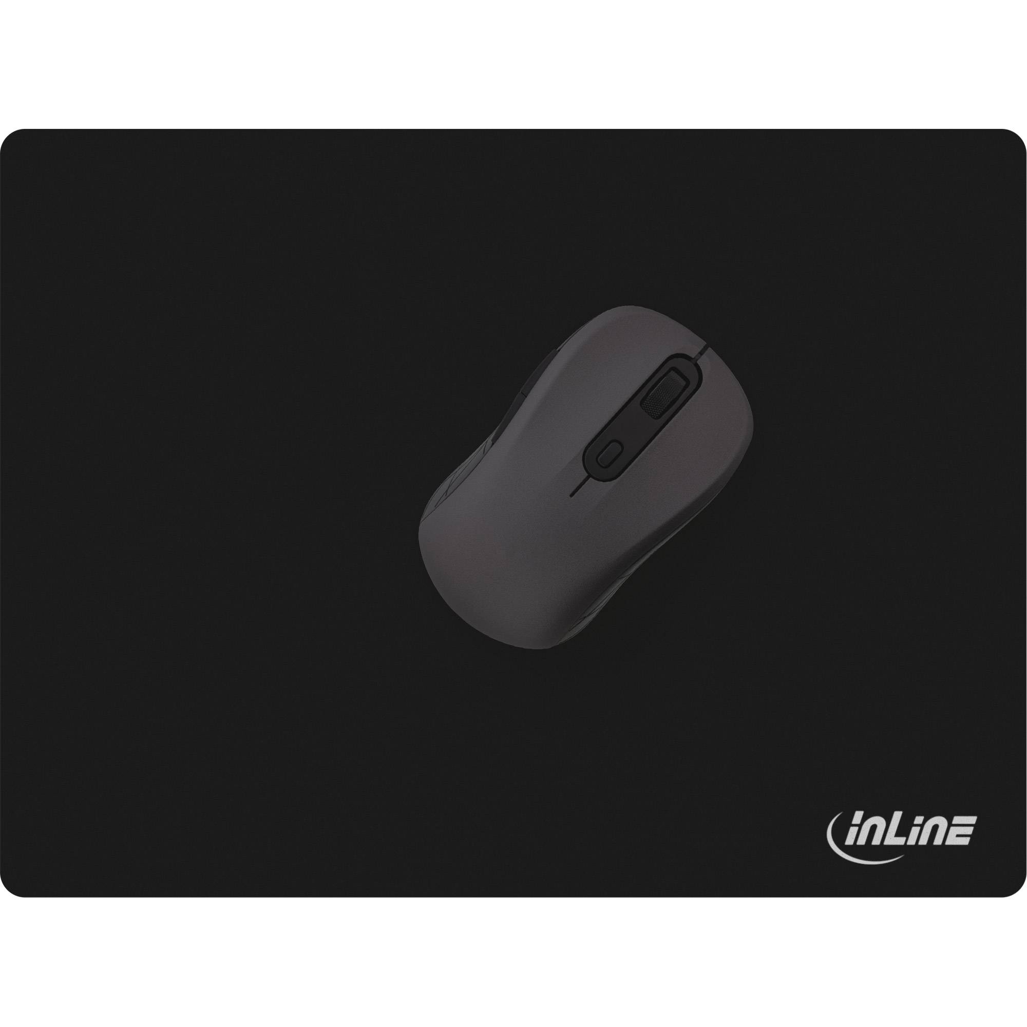 Graue kabellose Computermaus auf einem schwarzen Mousepad, mit dem inLine-Logo in der unteren rechten Ecke.