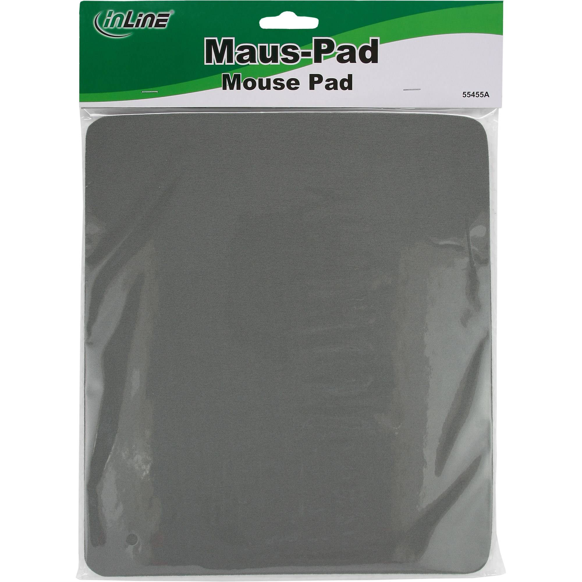 Verpacktes schwarzes Mousepad in klarer Kunststoffverpackung, gekennzeichnet mit „Maus-Pad" und „Mouse Pad"" mit inLine-Branding.