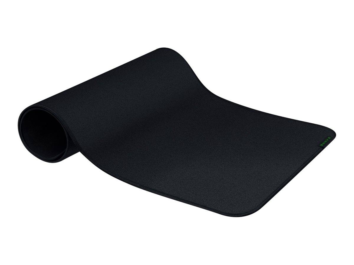Schwarze ergonomische Schreibtischunterlage mit einem aufgerollten zylindrischen Handgelenk-Stützbereich auf der linken Seite und einer flachen rechteckigen Oberfläche, die sich nach rechts erstreckt.